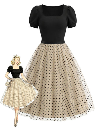 [Prévente] Ensemble Manches Bouffantes Ribbed Bodysuit & à Pois Tulle Années 1950