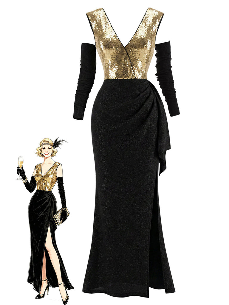[Prévente] Robe longue noire et dorée à sequins et épaules dénudées années 1920