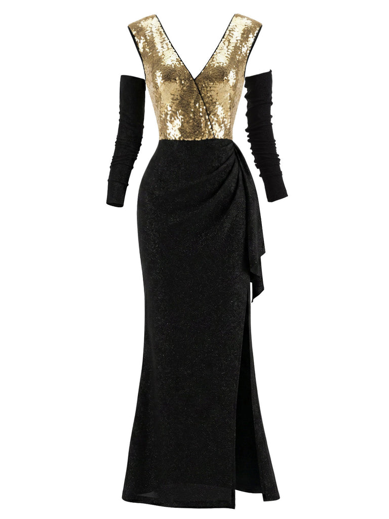 [Prévente] Robe longue noire et dorée à sequins et épaules dénudées années 1920