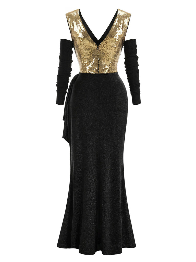 [Prévente] Robe longue noire et dorée à sequins et épaules dénudées années 1920