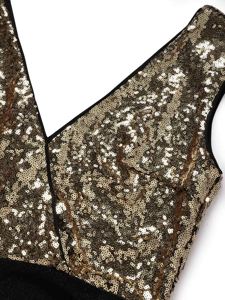 [Prévente] Robe longue noire et dorée à sequins et épaules dénudées années 1920