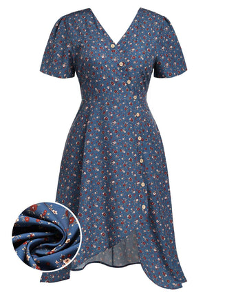 [Prévente] [Grande Taille] Robe Floral Boutonné Portefeuille Mi-Longue Devant Bleu Foncé Années 1940 2