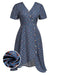 [Prévente] [Grande Taille] Robe Floral Boutonné Portefeuille Mi-Longue Devant Bleu Foncé Années 1940 2