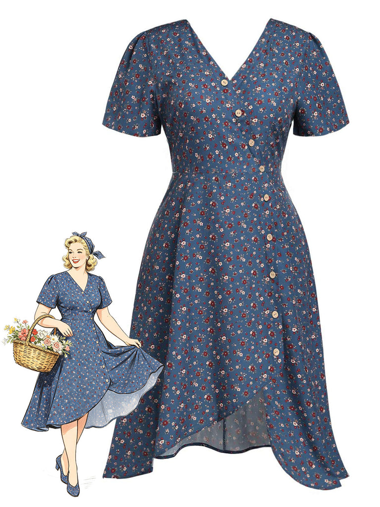 [Prévente] [Grande Taille] Robe Floral Boutonné Portefeuille Mi-Longue Devant Bleu Foncé Années 1940