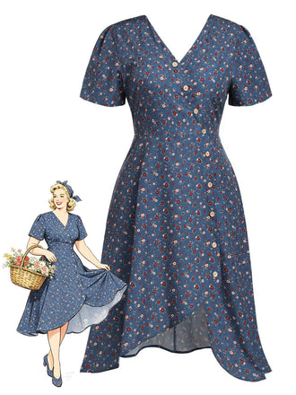 [Prévente] [Grande Taille] Robe Floral Boutonné Portefeuille Mi-Longue Devant Bleu Foncé Années 1940