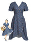 [Prévente] [Grande Taille] Robe portefeuille bleu motifs floraux et boutonnée sur le devant années 1940