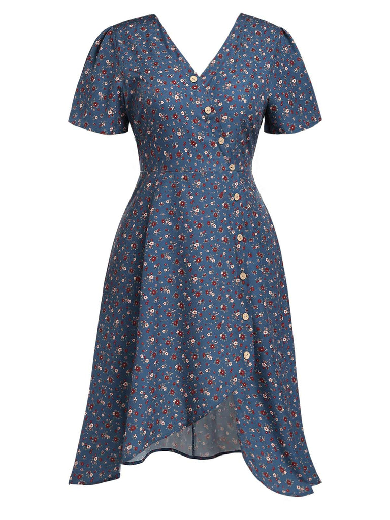 [Prévente] [Grande Taille] Robe Floral Boutonné Portefeuille Mi-Longue Devant Bleu Foncé Années 1940 3
