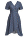 [Prévente] [Grande Taille] Robe Floral Boutonné Portefeuille Mi-Longue Devant Bleu Foncé Années 1940 3