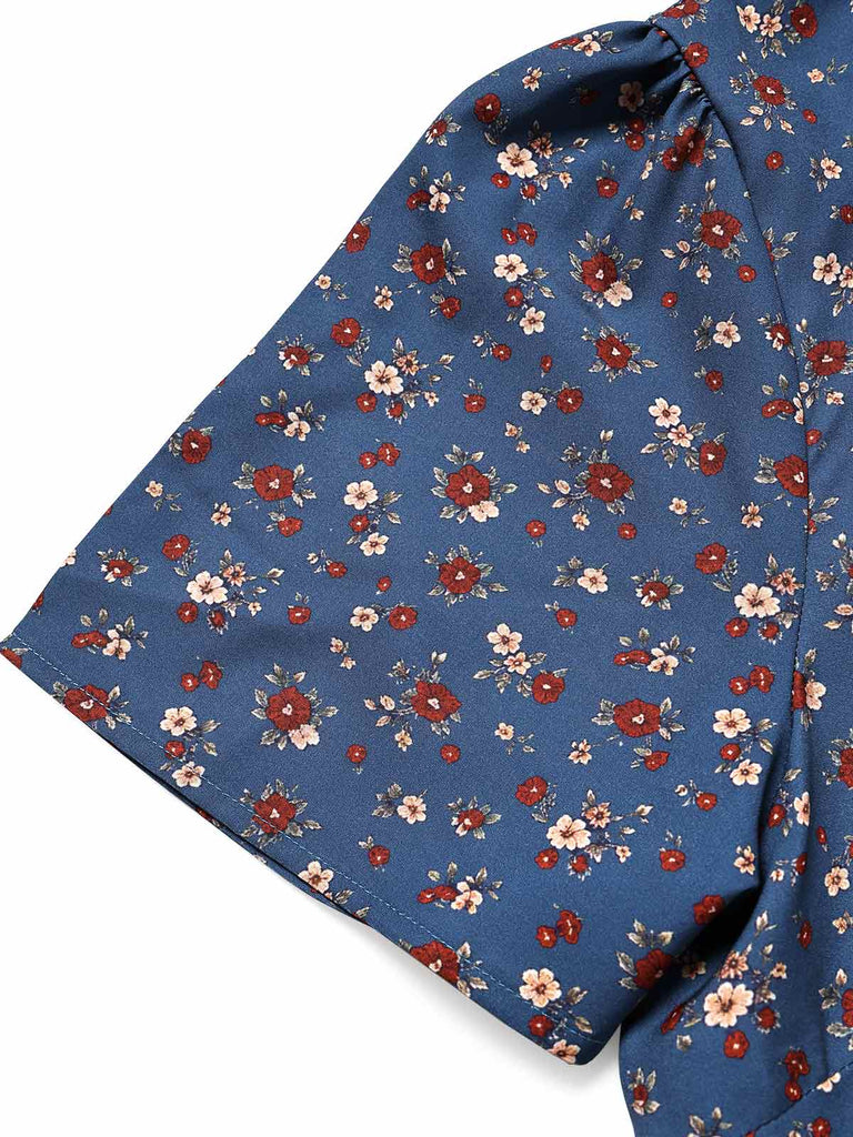 [Prévente] [Grande Taille] Robe Floral Boutonné Portefeuille Mi-Longue Devant Bleu Foncé Années 1940 7