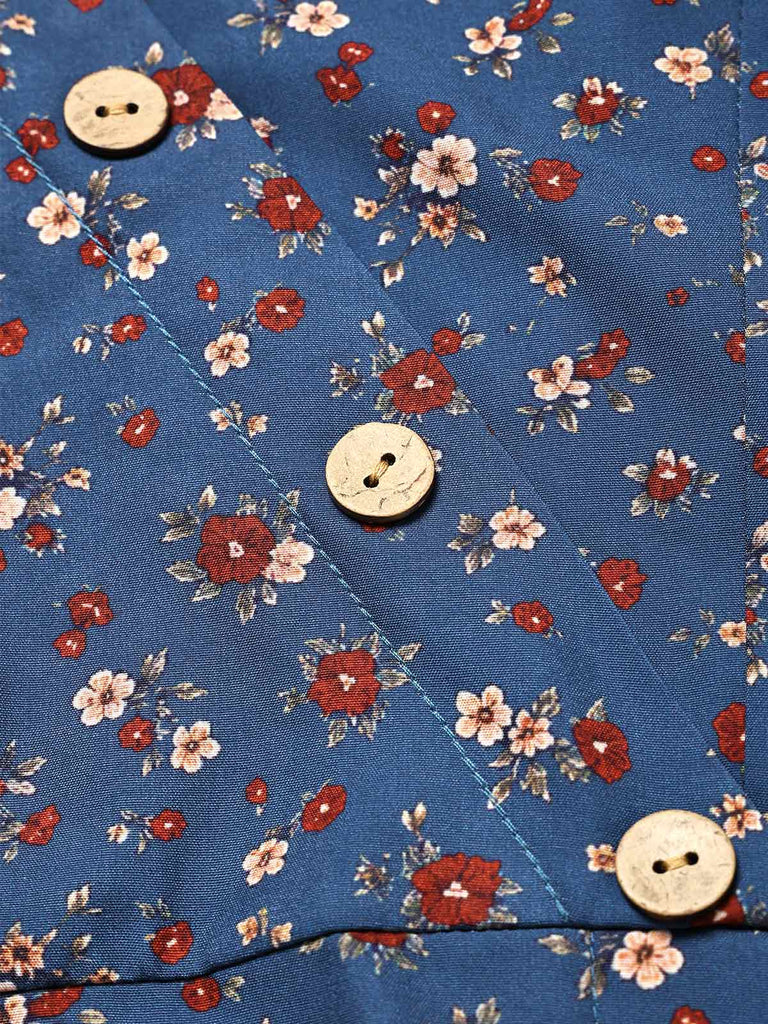 [Prévente] [Grande Taille] Robe Floral Boutonné Portefeuille Mi-Longue Devant Bleu Foncé Années 1940 8