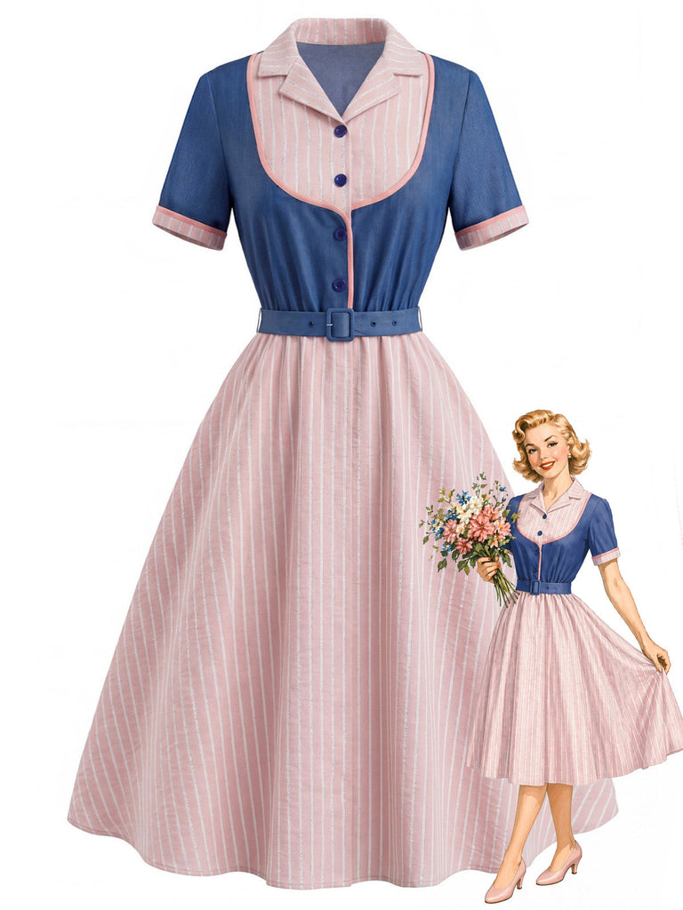 [Prévente] Robe Bleue & Rose Col Revers Rayée Effet 2PCS Années 1950