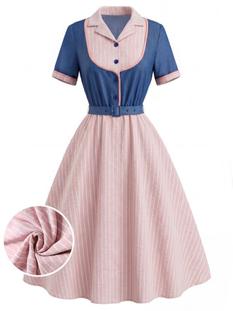 [Prévente] Robe Bleue & Rose Col Revers Rayée Effet 2PCS Années 1950 2