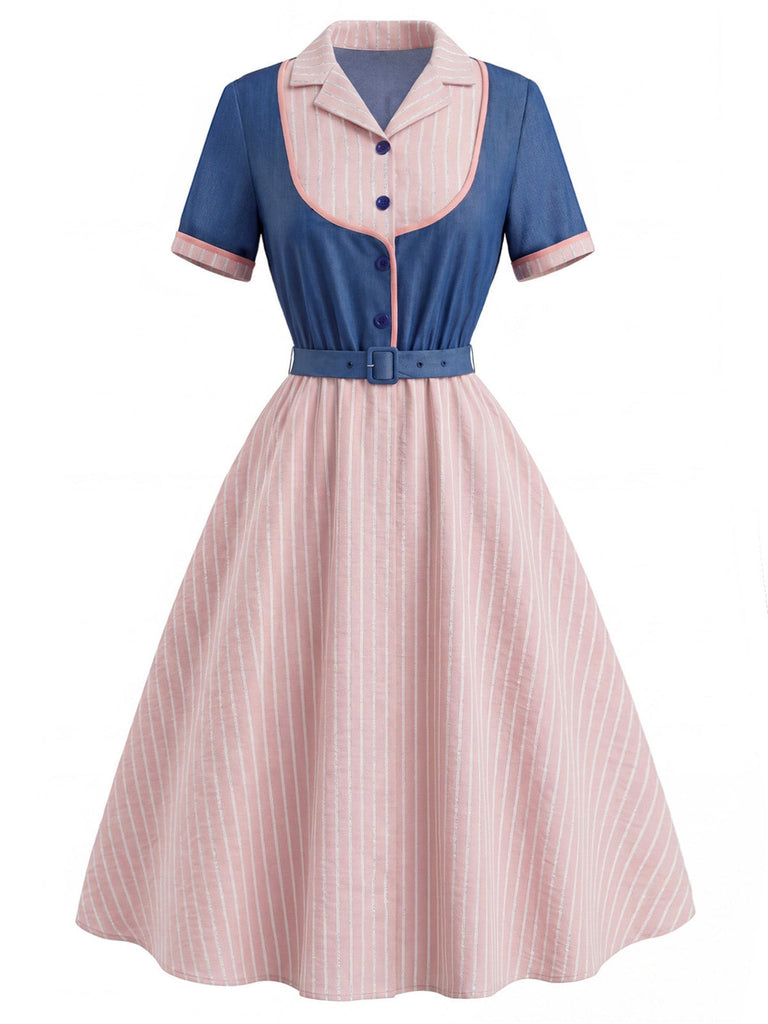 [Prévente] Robe Bleue & Rose Col Revers Rayée Effet 2PCS Années 1950 3
