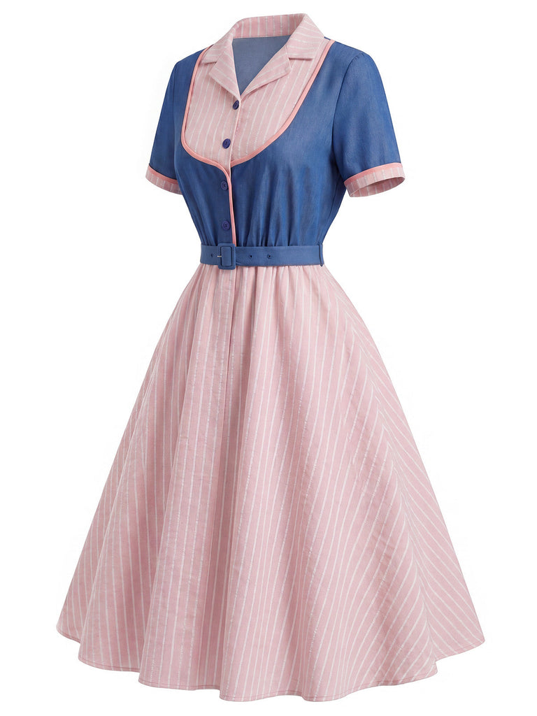 [Prévente] Robe Bleue & Rose Col Revers Rayée Effet 2PCS Années 1950 4