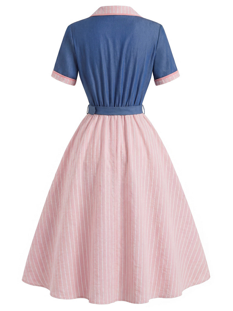 [Prévente] Robe Bleue & Rose Col Revers Rayée Effet 2PCS Années 1950 5