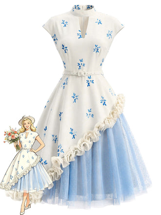 [Prévente] Robe Col Montant Rosette 3D Tulle à Pois Années 50