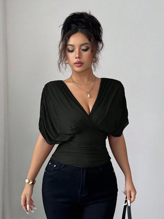 Blouse Col V Ruched Taille Drapé Shoulder Années 1930