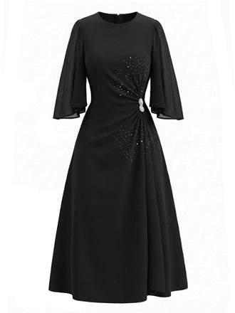 [Prévente] Robe Noire Col Rond Strass Manches Fendues Années 1940 2