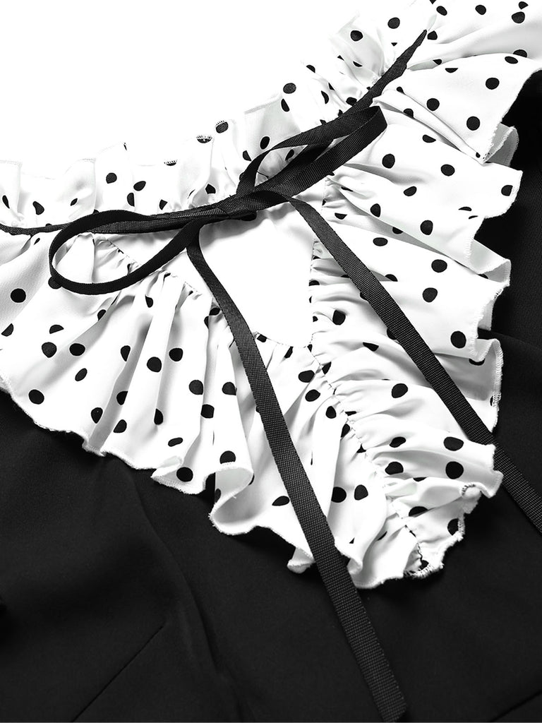 [Prévente] Robe noire à pois, col volanté et coupe en A Années 1950