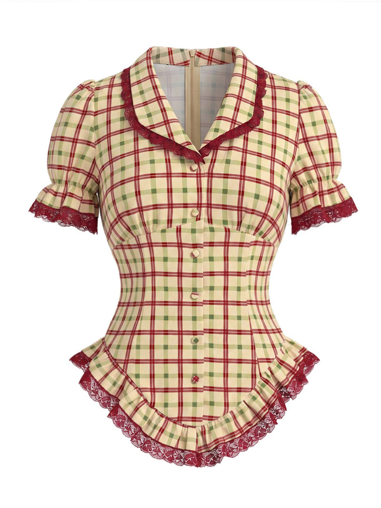 [Prévente] Ensemble à Carreaux Dentelle à Volants Ourlet & Ligne A Années 1940 5