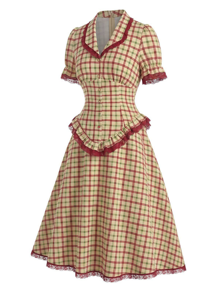 [Prévente] Ensemble à Carreaux Dentelle à Volants Ourlet & Ligne A Années 1940 3
