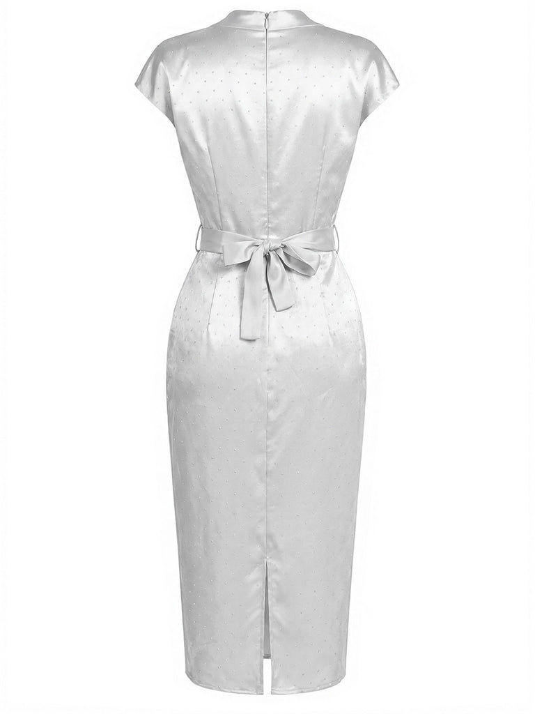 [Prévente] Robe Gris Satin Strass Trapèze Encolure Crayon Années 1960 4