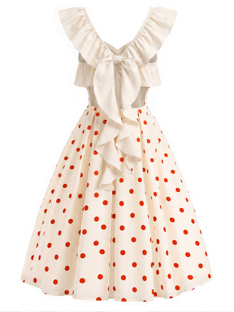 [Prévente] Robe à Pois Dos Nu avec Nœud Crème et Rouge Années 1950