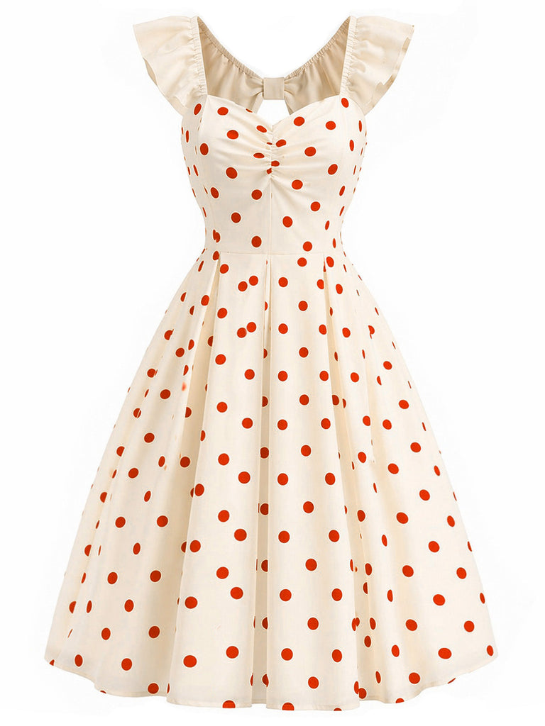 [Prévente] Robe à Pois Dos Nu avec Nœud Crème et Rouge Années 1950