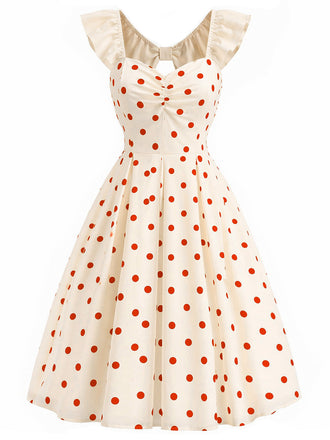 [Prévente] Robe à Pois Dos Nu avec Nœud Crème et Rouge Années 1950
