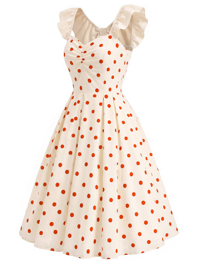 [Prévente] Robe à Pois Dos Nu avec Nœud Crème et Rouge Années 1950