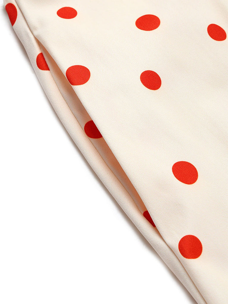 [Prévente] Robe à Pois Dos Nu avec Nœud Crème et Rouge Années 1950