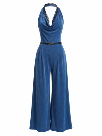 [Prévente] Combinaison Bleue Jambes Larges Dos-Nu Dentelle Ceinturée Années 1980 2