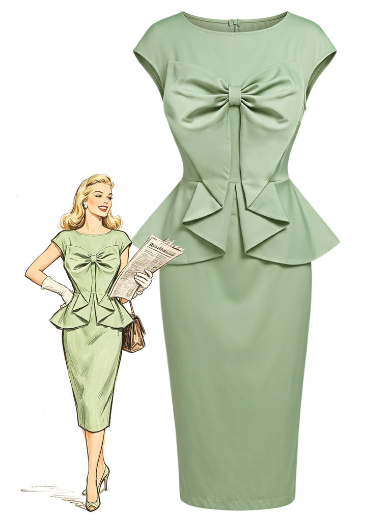 [Prévente] Robe Crayon Nœud Col Ras-du-Cou Uni Vert Années 1960
