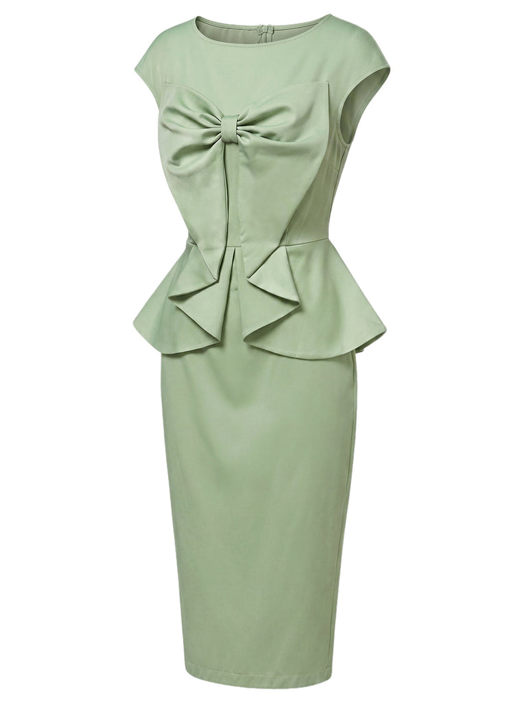 [Prévente] Robe Crayon Nœud Col Ras-du-Cou Uni Vert Années 1960 3