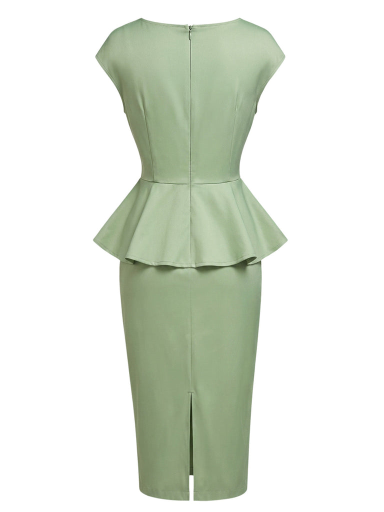 [Prévente] Robe Crayon Nœud Col Ras-du-Cou Uni Vert Années 1960 4