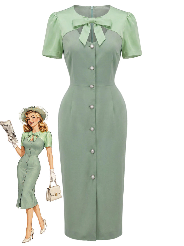 [Prévente] Robe Vert Nœud Hollow Bicolore Crayon Années 1960