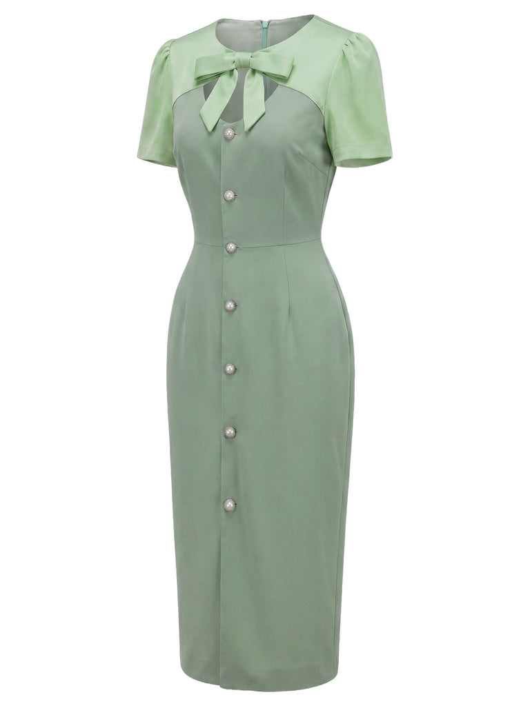[Prévente] Robe Vert Nœud Hollow Bicolore Crayon Années 1960 3