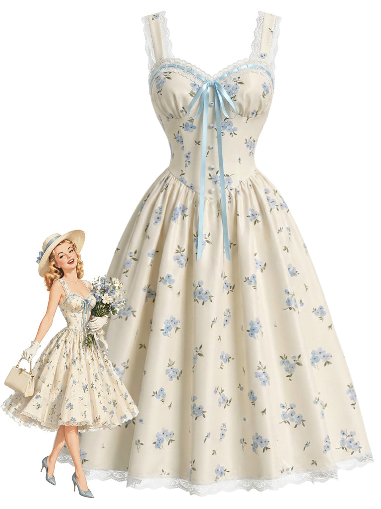 [Prévente] Robe Bleu Clair Floral Imprimé Volant Nœud Umbrella Années 1950