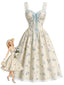 [Prévente] Robe parapluie bleu clair motif floral volants et nœud années 50