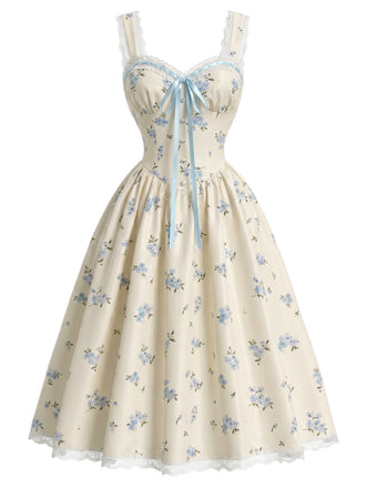 [Prévente] Robe Bleu Clair Floral Imprimé Volant Nœud Umbrella Années 1950 2