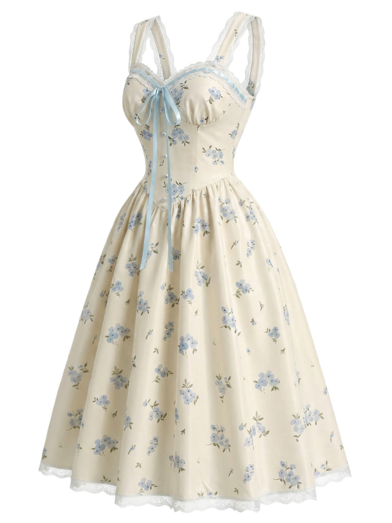 [Prévente] Robe Bleu Clair Floral Imprimé Volant Nœud Umbrella Années 1950 3