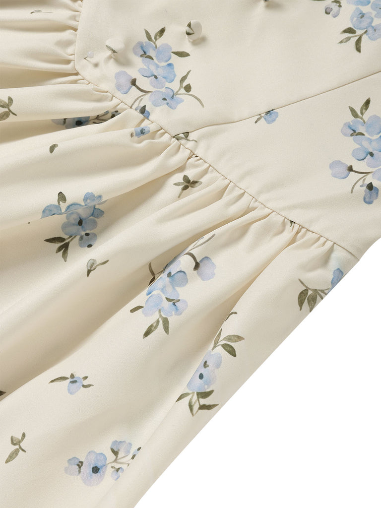 [Prévente] Robe Bleu Clair Floral Imprimé Volant Nœud Umbrella Années 1950 6