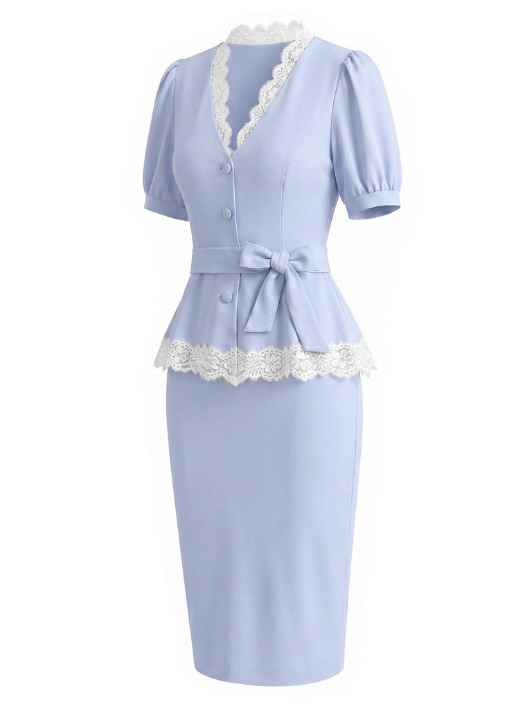 [Prévente] Ensemble Bleu Clair Dentelle Col V & Moulant Années 1940 3