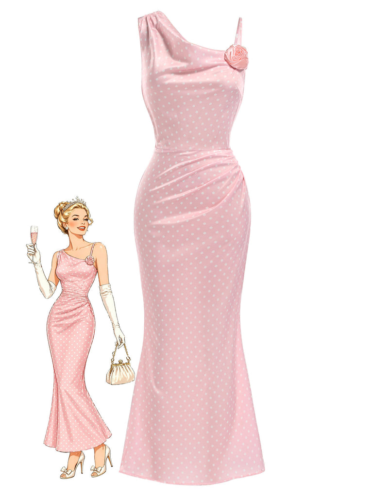 [Prévente] Robe Rose à Pois 3D Rose Satin Sirène Années 1930