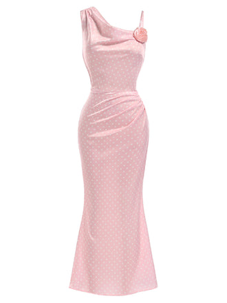 [Prévente] Robe Rose à Pois 3D Rose Satin Sirène Années 1930 2
