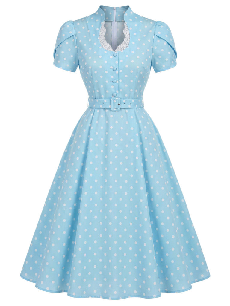 [Prévente] Robe Bleu à Pois Trou de Serrure Manches Tulipe Ceinturé Années 1950 2
