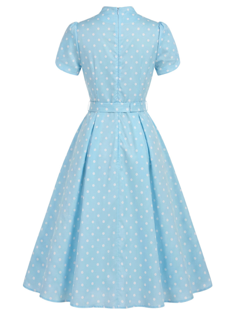 [Prévente] Robe Bleu à Pois Trou de Serrure Manches Tulipe Ceinturé Années 1950 4