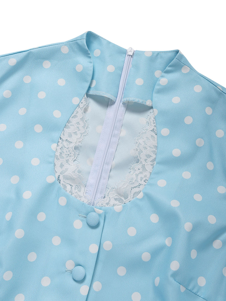 [Prévente] Robe Bleu à Pois Trou de Serrure Manches Tulipe Ceinturé Années 1950 5