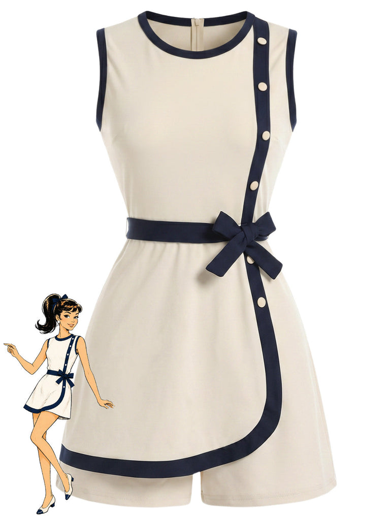 [Prévente] Combishort Beige Contrasté Trim Nœud Belt Années 1970