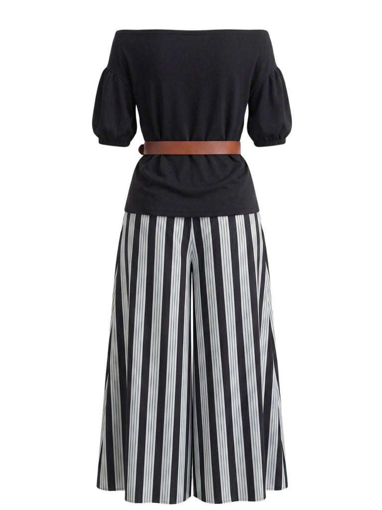 Ensemble Vert Rayé Épaules Dénudées Manches Bouffantes Fendu Années 1940 7